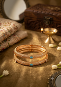 "This" in English is just **"this"** (or "these," since there are two bangles).

If you're asking what these are called in English — they're **bangles** (gold-tone bangles/kada set with turquoise stones and stone/diamante work).

Kya aapko in bangles ke l