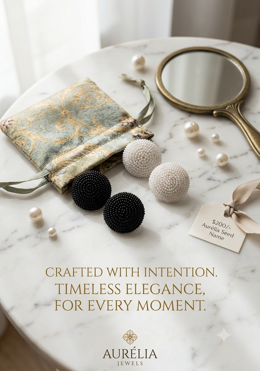Here are a few product title options:

1. **Aurélia Seed Bead Button Studs**
2. **Woven Pearl Seed Earrings – Black & Ivory**
3. **Aurélia Signature Seed Studs**
4. **Handwoven Button Earrings – Duo Set**

Which style do you like best, ya koi aur directio